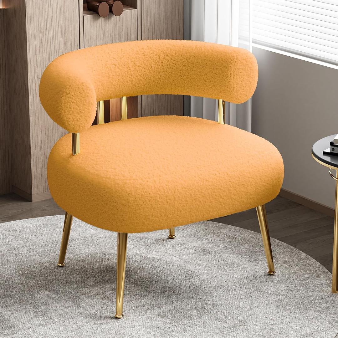 Mid Century Sherpa Boucle Accent Chair, Round Upholstered Barrel Arm Chair for Small Spaces, Fluffy Side Corner Sofa Chair for Living Room, Bedroom, Vanity, Office, Reading Nook(Yellow), Medium