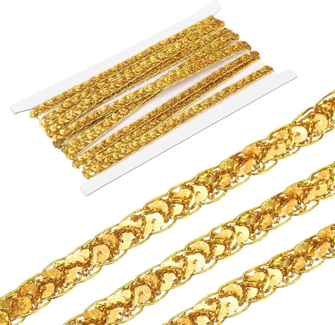 MECCANIXITY 5 Yards Sequins Beaded Lace Trim 0.4 Inch Sequin Braid Trim Strip Paillette Ribbon for Crafts, Embellishments, DIY Sewing Costume Dark Gold