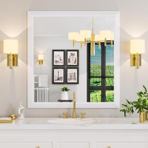 Amorho Bathroom Mirror, 40X38 Inch White Thick Metal Framed Wall Mirrors for Over Sink, Bedroom, Living Room, Entryway, Rectangle Wall-Mounted Mirrors(Horizontal/Vertical).