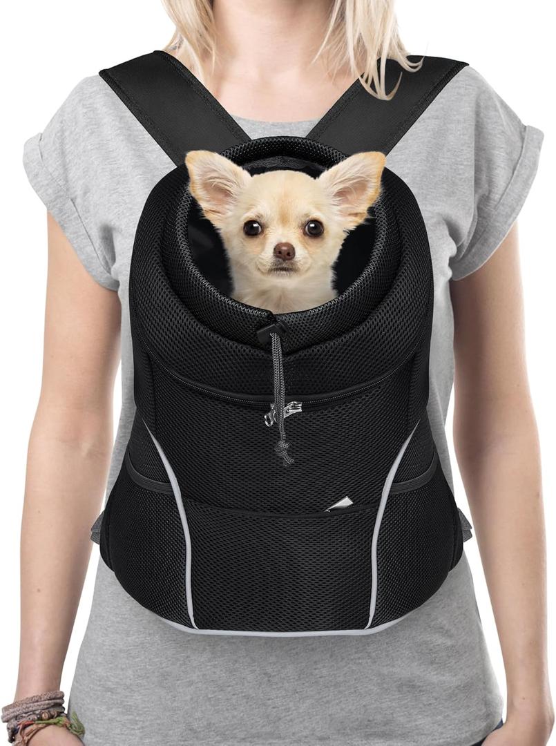 YUDODO Dog Front Carrier Backpack, Adjustable Breathable Pet Carrier for Small Dogs, Ventilated Puppy Back Pack with Safety Belt, Lightweight Doggy Backpack for Hiking Outdoor (Jet Black, L: 9-14 lbs)