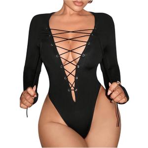 WDIRARA Women's Lace Up Deep V Neck Bodysuit Long Sleeve Criss Cross Sexy Body Suit (Black, S)