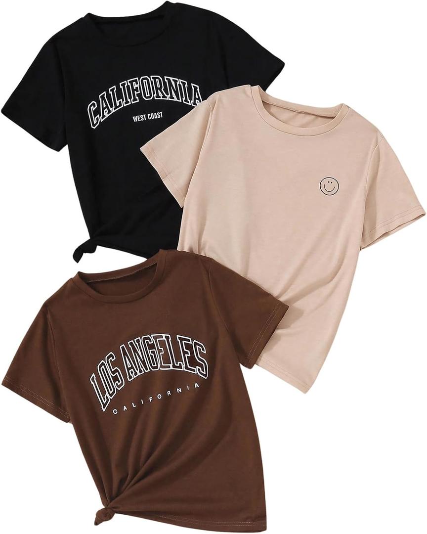 SHENHE Girl's Graphic Tees Crew Neck Short Sleeve Cute Summer Tops 3 Packs T Shirts (Black)