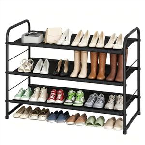 Ekisemio 3-Tier Stackable Shoe Rack Expandable & Adjustable Fabric Shoe Organizer, Space-Saving for Closet, Black