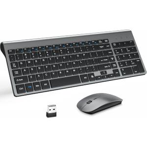 Wireless Keyboard and Mouse with Mouse Pad Ultra Slim Combo, MOOJAY 2.4G USB Quiet Compact Scissor Switch Keyboard Mice Set with Cover, 2 AA and 2 AAA Batteries, for Laptop/PC/Windows - Gray Black