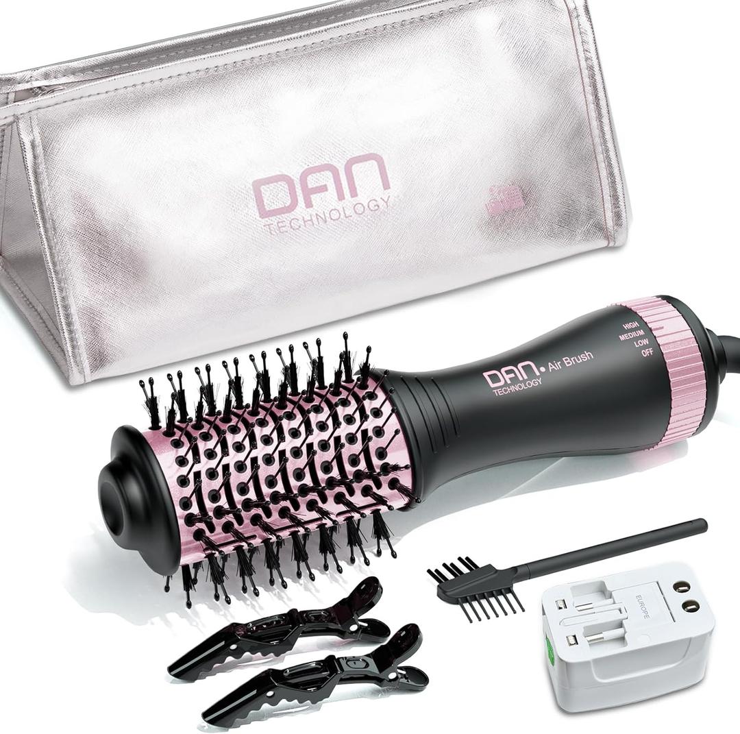 DAN Dual Voltage Hair Dryer Brush, Auto Dual Voltage 110V-120V/220V-240V Travel Hair Dryer Brush,Small Hot Air Brush with Multifunctional Conversion Plug,4 in 1 Blow Dryer Brush and Styler Volumizer (Black)