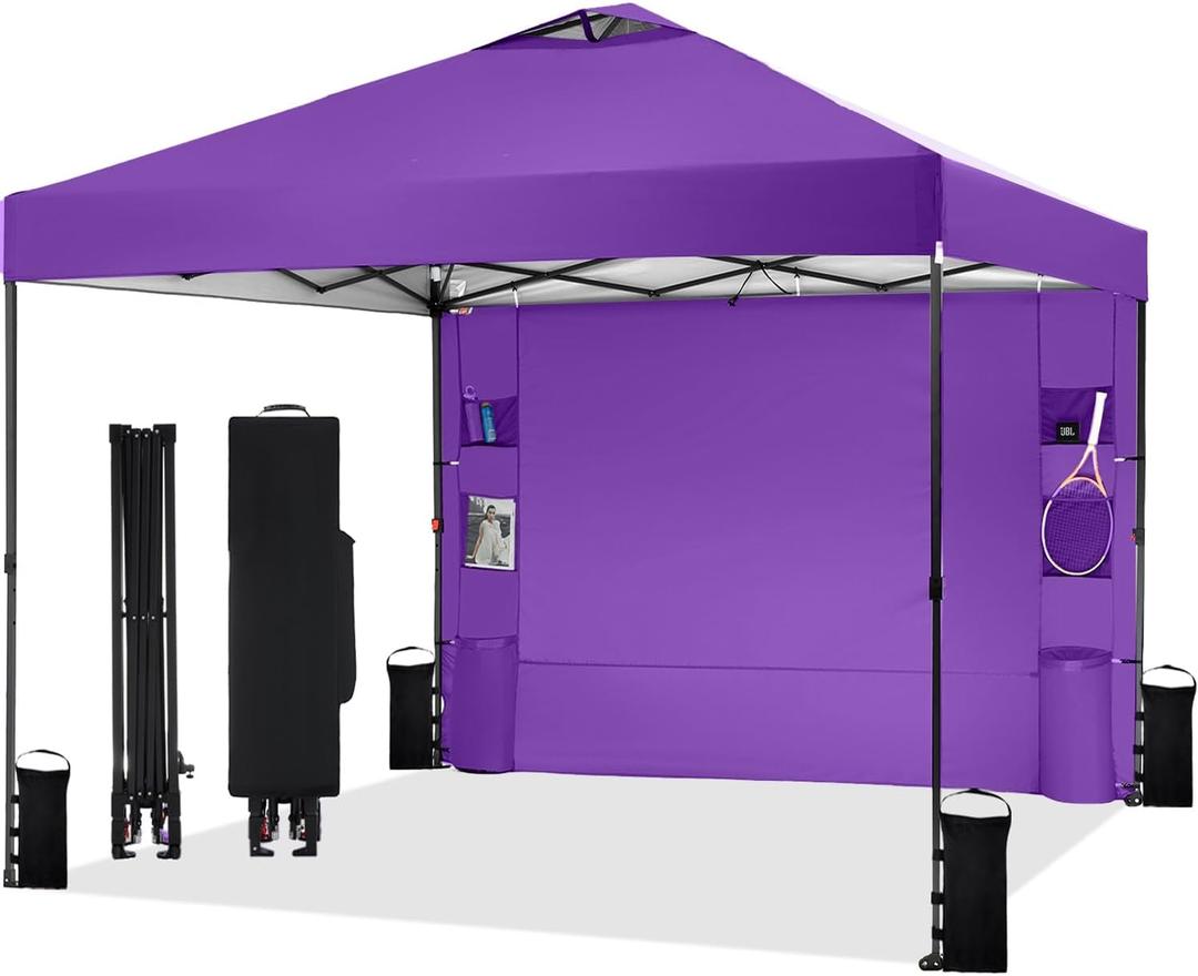 Tunbne 10'x10' Pop Up Canopy Tent with 1 Sidewall and 6 Pockets, One Push Setup, Instant Shade Tent with Vented Roof for Beach Patio Outdoor, Case, 8 Stakes, 4 Ropes, 4 Sandbags (Purple, 10x10)