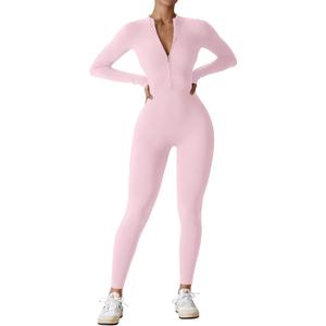 YEOREO Women Long Sleeve Workout Jumpsuit Zip Up Romper Bottom Pants Bodysuit Bodycon Sexy One Piece Icy Pink M