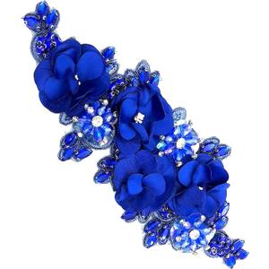 1pc Handmade Rhinestone Applique for Clothes, 3D Flower Fabric Patches for Wedding Dress, Bling Beaded Embroidery Lace Applique for Hat Hairband Sewing Embellishment (Royal Blue)