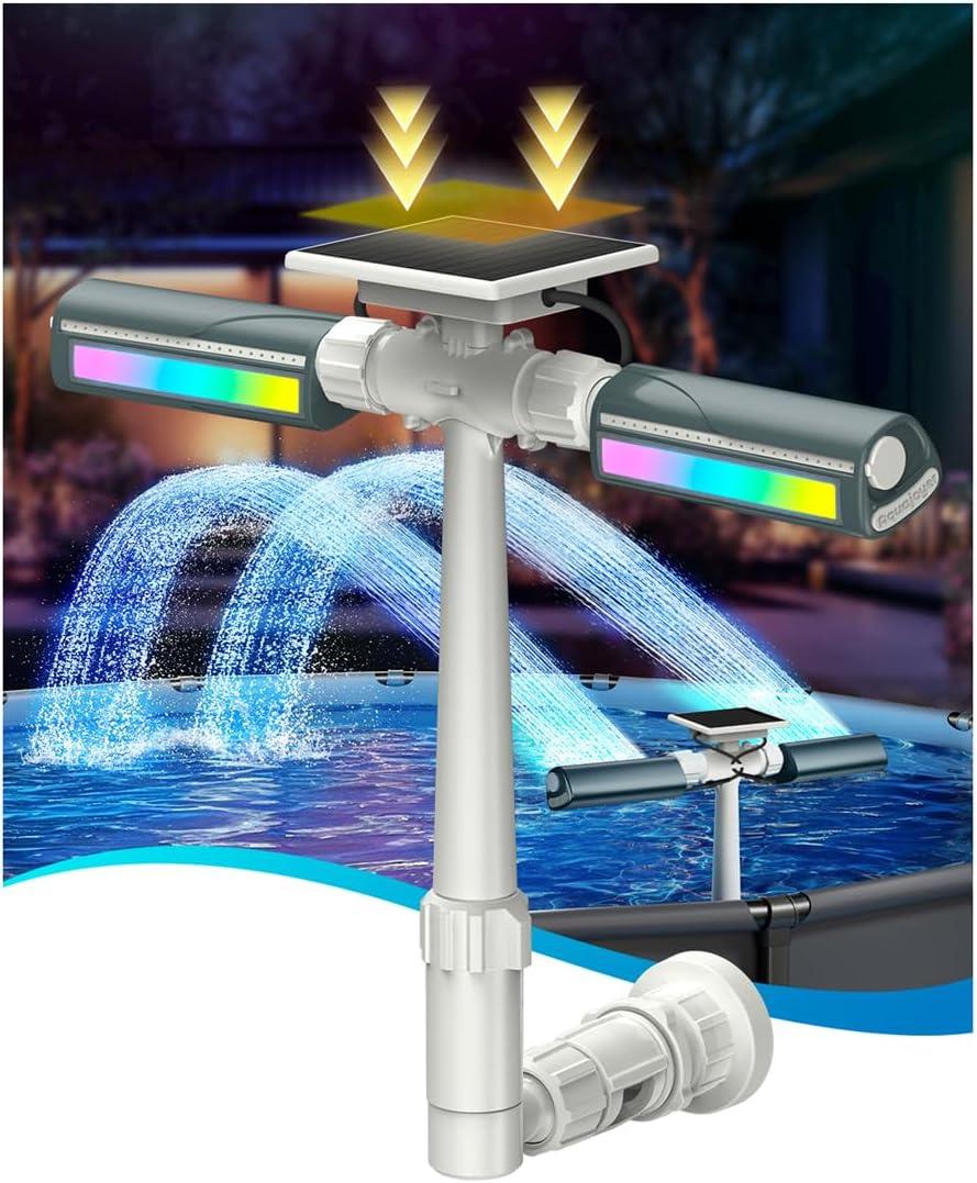 Solar Pool Fountain with 8-Color 6-Mode RGBIC LED Lights, Above/Inground Solar Lights with Remote, 360Adjustable Dual Spray Waterfall Sprinkler Fountain for Relaxation & Cooling 10-20F