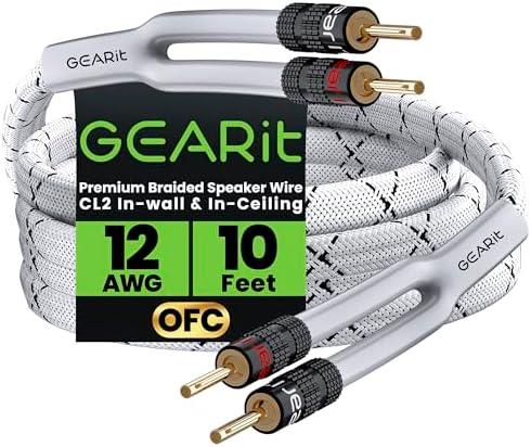 GearIT 12AWG Premium Heavy Duty Braided Speaker Wire Cable (10 Feet) Dual Gold Plated Banana Plug Tips - in-Wall CL2 - Oxygen-Free Copper (OFC) White