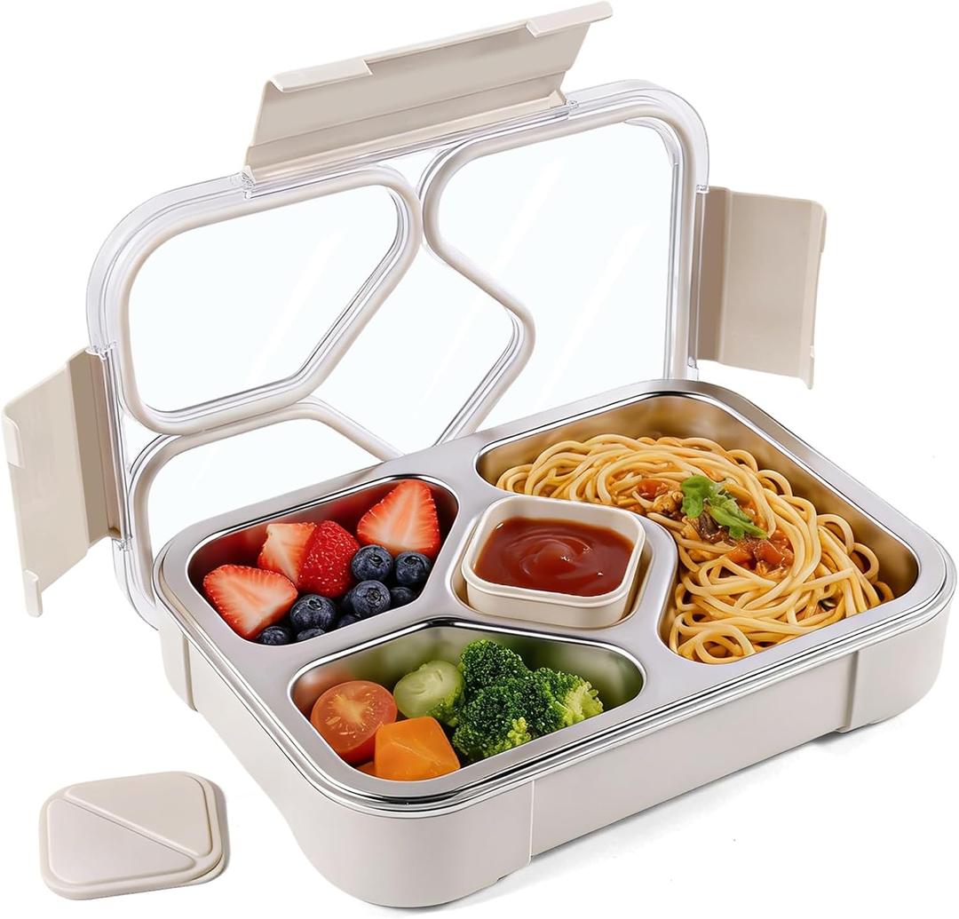 Stainless Steel Bento Box Adults, 4 Compartments Metal Lunch Box, 34oz Leakproof Meal Prep Snack Container, Dishwasher Safe, BPA-Free (Khaki)
