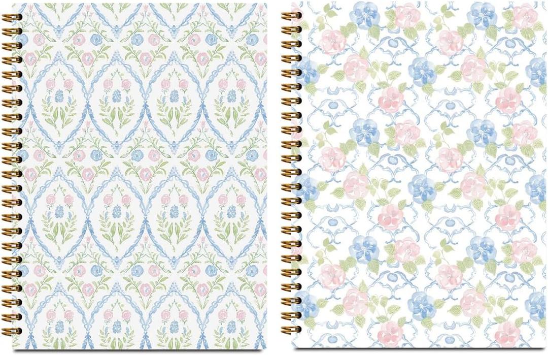 2 x 2 Pcs Floral Spiral Notebook, Cute Coquette Preppy Spiral Notebook for Women Friends Girls, 160 Pages Trendy Hardcover Journaling Notebooks for Business Writing Travel Home Office Aesthetic Notebooks