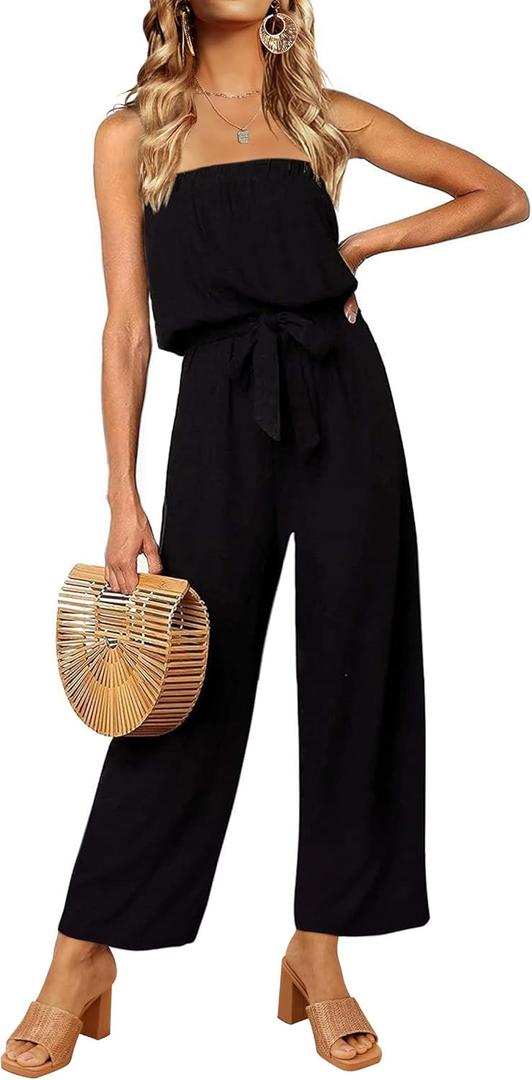 ZESICA Women's Casual Off Shoulder Solid Color Strapless Belted Wide Leg Jumpsuit Romper (Medium, Darkblack)