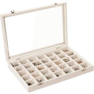 Frebeauty Velvet Jewelry Tray,35 Grid Jewelry Organizer with Clear Lid,Earring Holder Organizer Case with Clasp,Drawer Insert for Rings Studs,13.8 x 9.5 x 2 Inches,Gift for Women Girls(Beige)