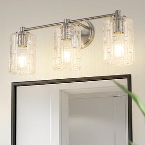 DORESshop Bathroom Light Fixtures, 3-Light Brushed Nickel Bathroom Lighting Fixtures Over Mirror, Modern Vanity Lighting with Crystal Glass Shade, Wall Sconce for Mirror Bedroom Dressing Room Hallway
