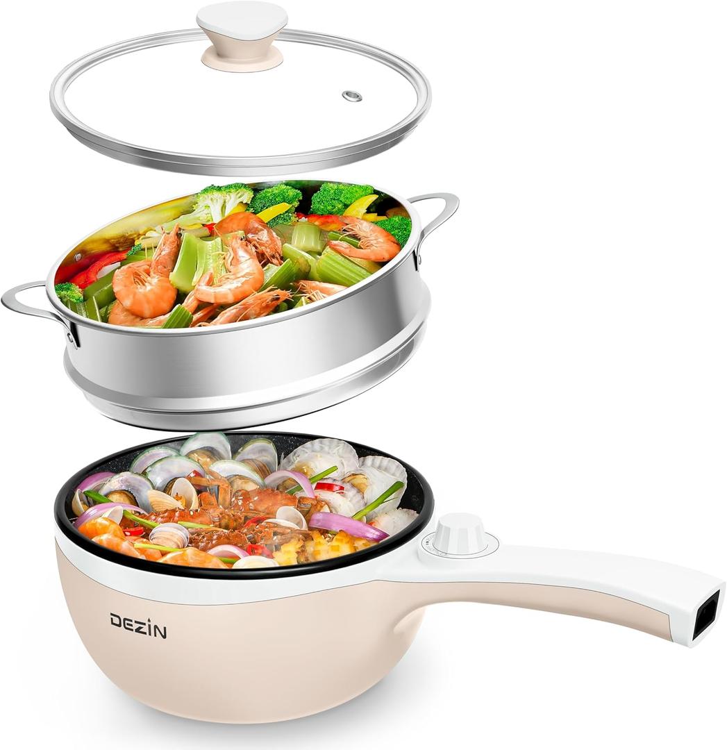 Dezin Hot Pot Electric with Steamer Upgraded, Non-Stick Sauté Pan, Rapid Noodles Electric Pot, 1.5L Mini Pot for Steak, Egg, Fried Rice, Ramen, Oatmeal, Soup with Power Adjustment (Beige 2)