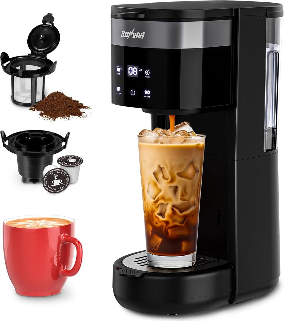 Sunvivi Iced Coffee Maker, Single Serve Coffee Maker with 3 Brewing Options for K Cup Pod or Ground Coffee, 30oz Removable Water Reservoir & Reusable Filter, Ideal for Home & Office, Black (Touch Screen)