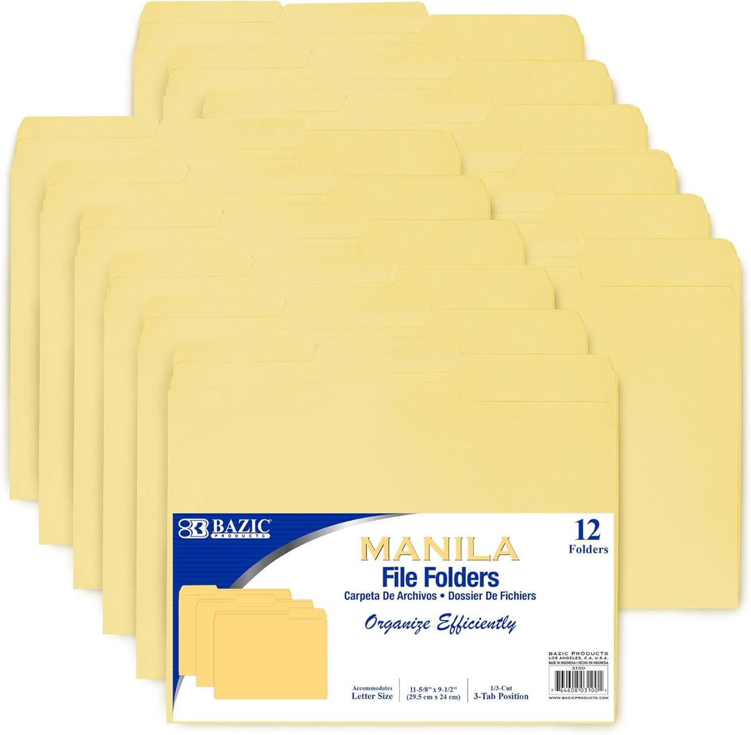 BAZIC Manila File Folder 1/3 Cut Letter Size, Left Right Center Tabs Positions, for Organizing Filing Document Storage, Total 12-Count