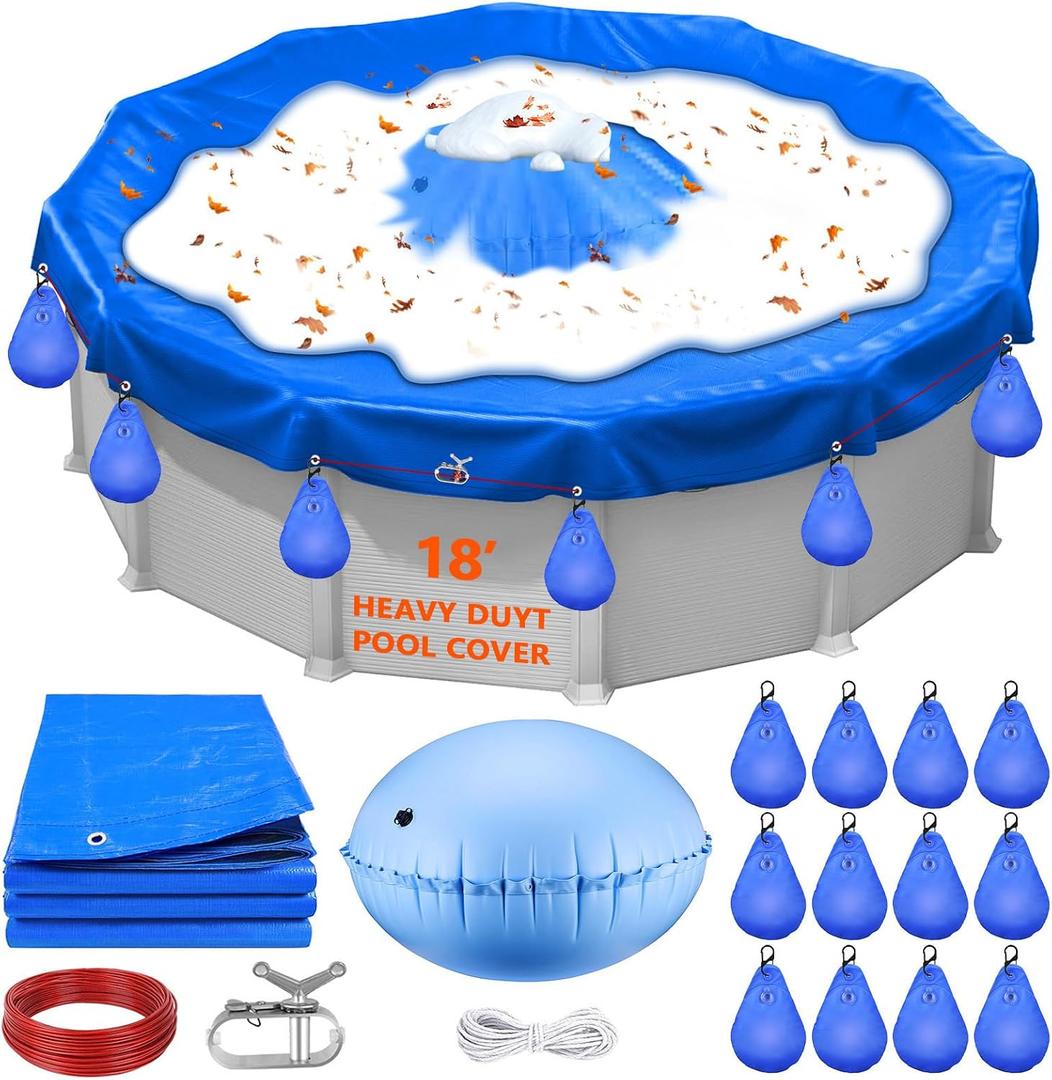 18FT Round Winter Pool Cover, Thick Above Ground Pool Cover Winter Pool Cover Protector Cover with Winch, Cable, Pool Pillow and Cover Weights, Increase Stability&Tear-Resistant, Cold and UV Resistant, 21 feet