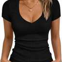Albe Rita Women Short Sleeve T-Shirt Cap V Neck Shirts for Women Ribbed Casual Top Knit Slim Fit for Summer (Black, L)