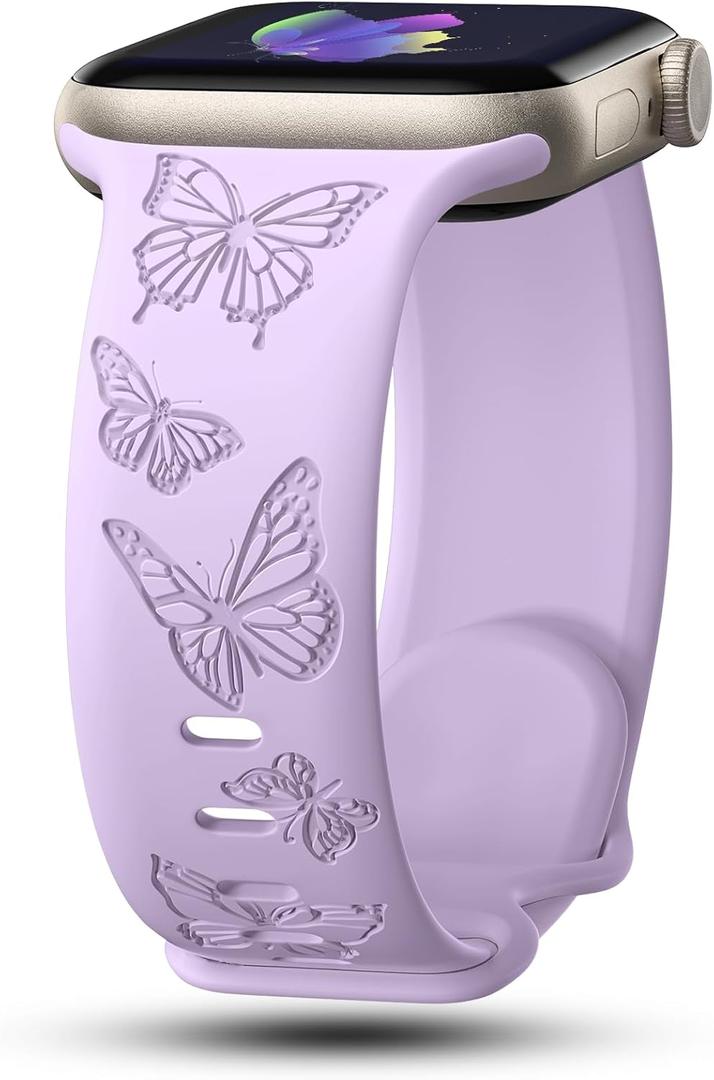 Butterfly Engraved Bands Compatible with Apple Watch Band 41mm 40mm 38mm 49mm 46mm 49mm 46mm 45mm 44mm 42mm Women, Silicone Sport Strap for iWatch Series SE 10 9 8 7 6 5 4 3 2 1 SE Ultra (Lavender)