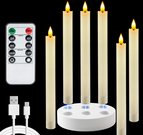 Homemory Rechargeable Flameless Taper Candles, Real Waxy LED Candlesticks Flickering, Battery Operated Candles with Remote Timer, 9.6 Inches for Home Wedding Christmas Decor, 6 Pcs, Ivory