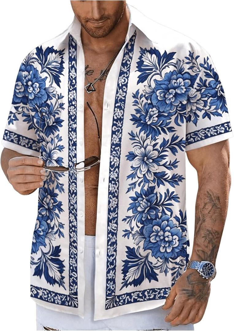 OYOANGLE Men's Floral Print Button Down Collared Shirts Summer Tropical Floral Beach Vacation Shirt (XX-Large, Blue)