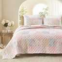 Wonderful - Real Patchwork Quilt Set Queen Size, 3 Piece Cotton Front Floral Pink Bedding, Boho Farmhouse Reversible Bedspread for All Season, 90"x90"