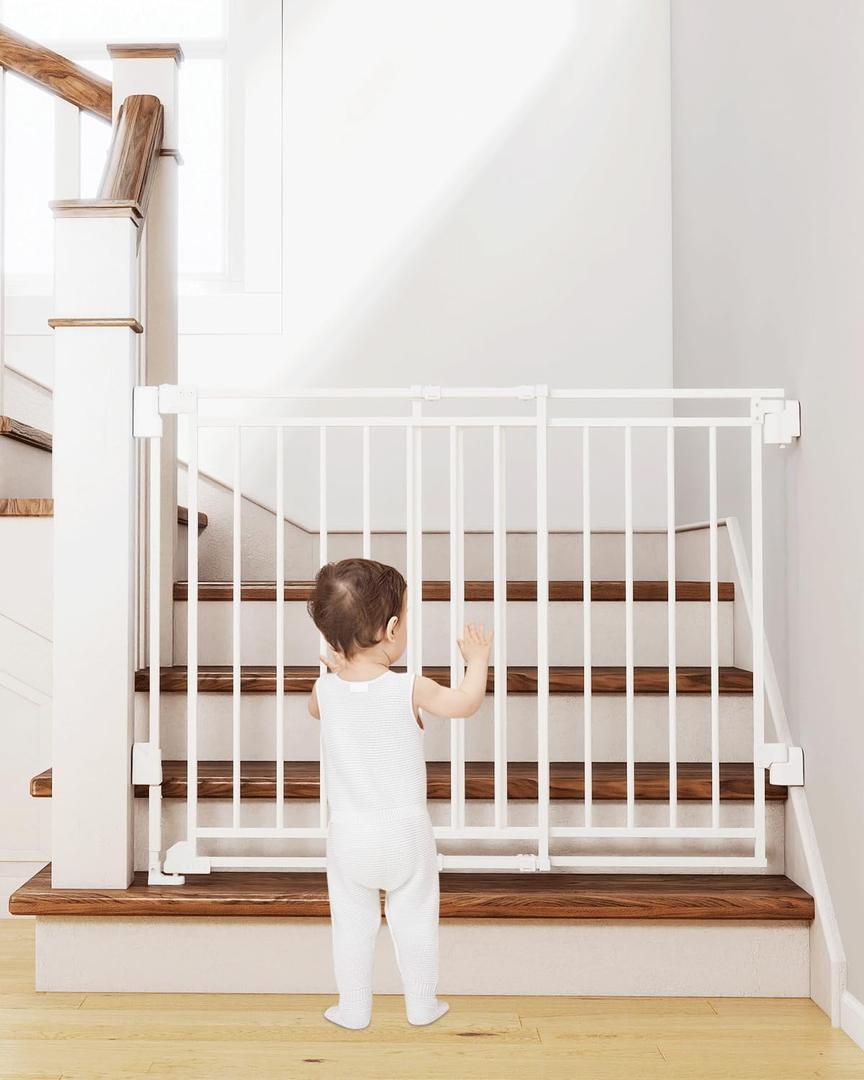 Miumoon 29-45" No Bottom Bar Baby Gate for Stairs, 2-in-1 Auto Close Dog Gate Indoor with Large Walk Thru Door, Hardware Mount Pet Gate for Top and Bottom Stairs (White, 26.5-43" W x 29" H)