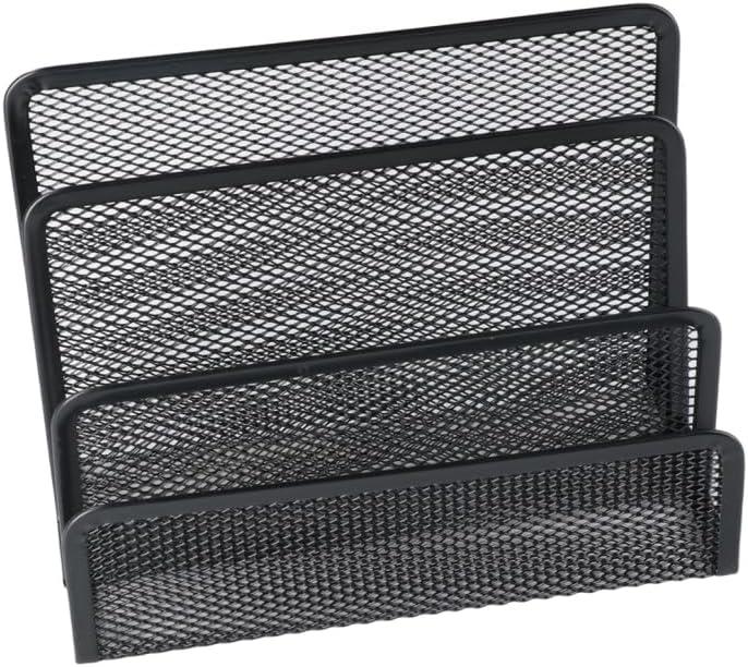 Black Metal Mesh Desk Mail Organizer, Small File Holders Letter Organizer, Bookends Book Holder with 3 Vertical Upright Compartments