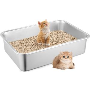 Cat Litter Box Stainless Steel, Metal Small Litter Box for Kittens Rabbits and Kitty 15.7"11.8"4", Non-Stick, Odor Free, Easy Cleaning