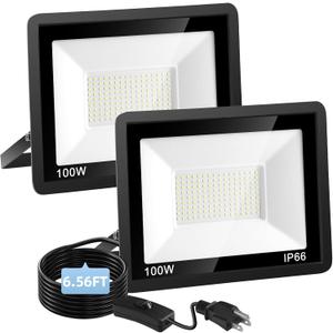 100W Flood Lights Outdoor,12000LM Bright LED Work Light,IP66 Waterproof Outdoor Lights with Switch and 6.5FT Plug,6500K Daylight White Outside Lights for YardGarage,Garden,Stadium(2 Pack)