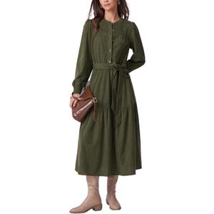 Kedera Elegant Corduroy Dress Women Long Sleeve Button Down Spring Shirt Long Maxi Dress with Belt (Medium)