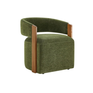 Upholstered Dining Chairs with Casters Modern Barrel Side Armchair with Rollers & Wooden Armrest for Diningroom Bedroom Livingroom Reading Room, Green, 1PCS