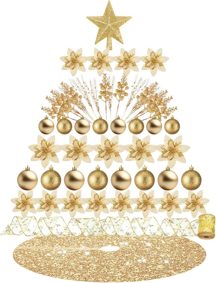 Realspring 72 Pieces Christmas Tree Ornament Set Xmas Assorted Decorations Bulk Glitter Poinsettia Berry Picks Topper Star Sequin Tree Skirts for Home Wreaths Holiday Party Favors (Champagne Gold)
