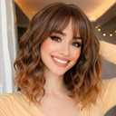 AISI HAIR Synthetic Wavy Curly Bob Wig with Bangs Ombre Brown to Auburn Brown Wig Short Hair for Women Synthetic Heat Resistant Bob Wigs