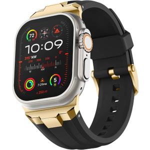 Suitisbest Sport Band for Apple Watch Ultra 2/Ultra Bands 49mm 46mm 45mm 44mm 42mm(Series 3), Wide Rugged 316L Stainless Steel Connector Durable Silicone Band for iWatch Ultra 11 10 9 8 7 6 5 4 3 SE (Gold - Black)