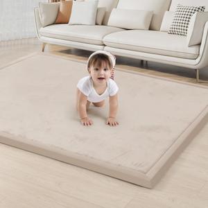 ACOMOPACK Baby Play Mat for Floor 1.3" Thick Memory Foam Play Mat 59"71" Tummy Time Crawling with Non-Slip Bottom for Living Room,Nursery,Soft Velvet Playpen Mats for Kids,InfantsBeige