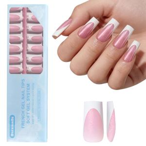Dsixnails Pink Glitter Base Long Square French Tip Press on Nails | 150Pcs French Tip Nails, No Need to File, Soak Off Acrylic Nials, Full Cover Fake Nails Extensions for Women, 15Sizes