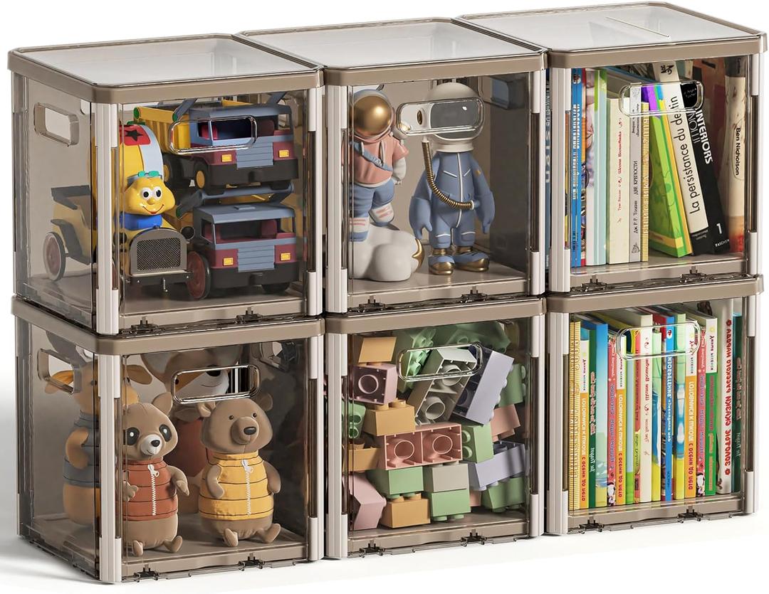 HAIXIN Clear Cube Storage Bins 6 Pack - 10.5'' x 10.5'' Stackable Storage Bins with Lids Foldable Storage Box Plastic Toys Cube Organizer Cubby Container for Closet Shelf Classroom Office (Brown)