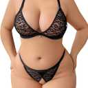 SOLY HUX Women's Plus Size Lingerie Set Lace Sheer Deep V Neck Bra and Panty Sexy Underwear (4X-Large, Plain Black)