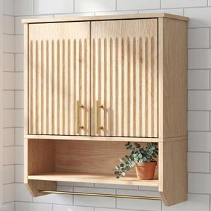 HOOBRO Narrow Bathroom Wall Cabinet with Towel Rack, Space Saving Medicine Cabinet for Small Spaces, Farmhouse Fluted Wall Storage Cabinet with Adjustable Shelf, Natural
