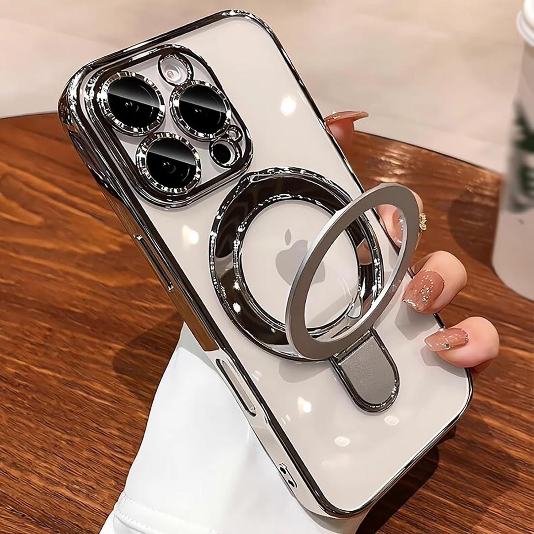 Case for iPhone 14 Pro Max 6.7", Compatible with MagSafe, Luxury Plating Shockproof Clear Phone Cover with Invisible Stand, Full Camera Lens & Screen Protector for Women Girls, Titanium Silver