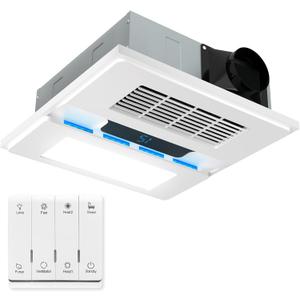 1800W Bathroom Exhaust Fan with Light and Heater, 110 CFM 4-in-1 Ceiling Vent Fan, 1.0 Sone Quiet Operation, 11.2 x 11.2 Ceiling Cutout, 13.8 Grille, 6500K LED Light, Metal Housing, 13.8in