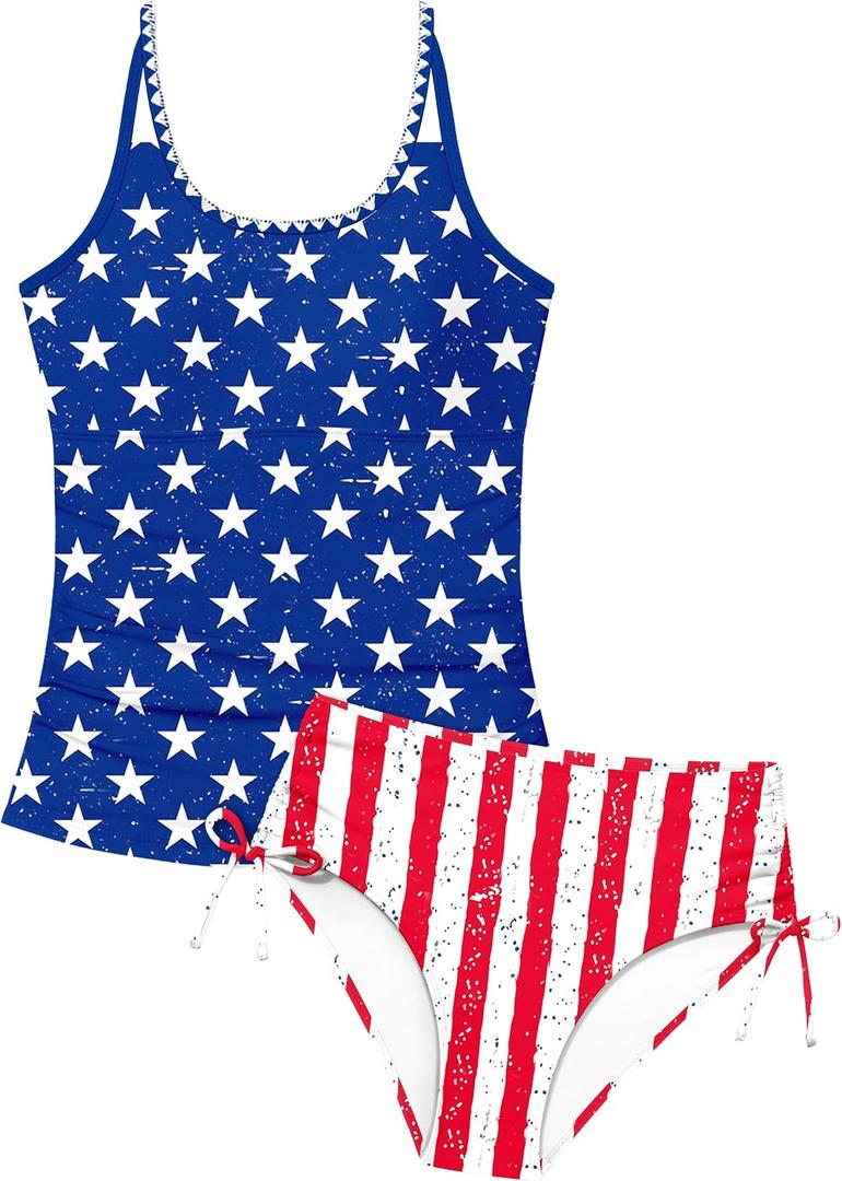 Girls Swimsuit Tankini Two Piece Bathing Suit Square Collar Cross Back Swimwear with Printed Drawstring Bottoms 9-16Y