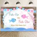 MEHOFOND 7x5ft Fish Gender Reveal Backdrop Fish-He or Fish-She Baby Shower Photography Background Pink or Blue Fish Gender Reveal Party Decor Rustic Wood Ocean Boy or Girl Banner Photo Props