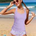 Girls Swimsuit 2 Piece Halterneck Girls Tankini Swimsuit Drawstring Printed Swim Shorts Girl Bathing Suit for 7-18T (Purple)