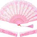30pcs Pink Rose Lace Floral Folding Hand Fans Chinese retro folding fan Bridal Dancing Props Church Wedding party favors with Organza Bags