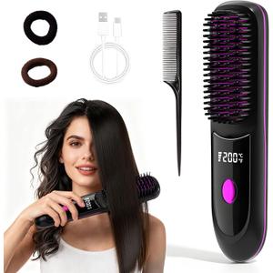 Ameilika Cordless Hair Straightener Brush Pro for Short Hair, 3 Speed Temp with LED Display, Fast Heating Portable USB Rechargeable, Safe Auto Shut Off, Perfect for Girls on the Go (Black)