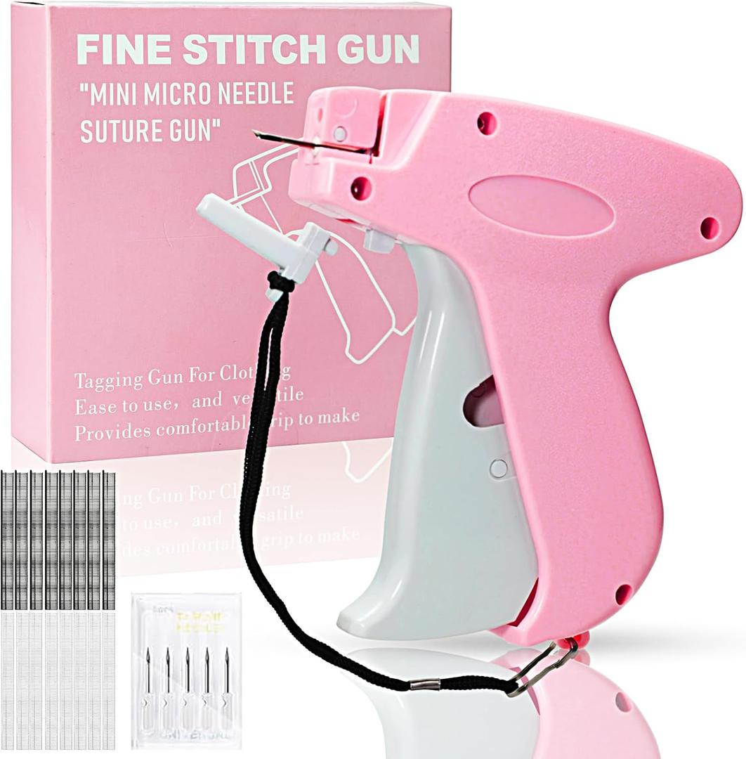 Stitch Gun for Clothes Handheld Stitch Gun Quick Clothing FixerSewing Kit Includes 1,000 Black Fasteners & 1,000 White Fasteners & 6 NeedlesTagging GunPink